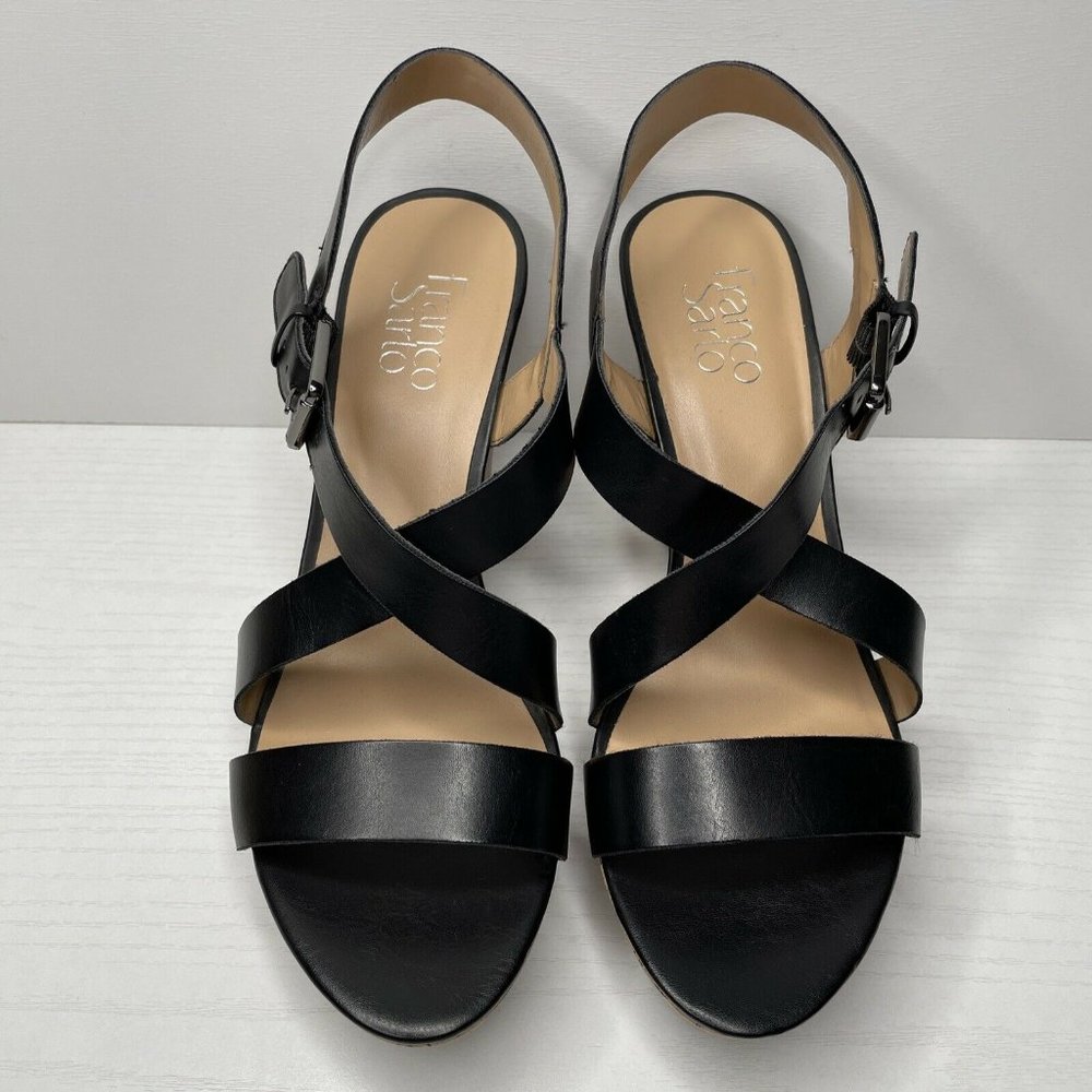 NWOT FRANCO SARTO Wms Sz 9.5 Black Stallion Cork Wedges Buckle Latch